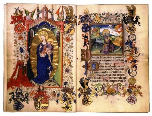 Opening from the Hours of Catherine of Cleves, c. 1440, with Catherine kneeling before the Virgin and Child, surrounded by her family heraldry. Opposite is the start of Matins in the Little Office, illustrated by the Annunciation to Joachim, as the start of a long cycle of the Life of the Virgin