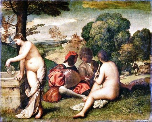 Giorgione, Pastoral Concert. Louvre, Paris. A work which the Louvre now attributes to Titian, c. 1509.[9] 