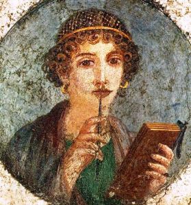 Woman holding wax tablets in the form of the codex. Wall painting from Pompeii, before 79 AD.
