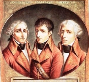 A portrait of the three Consuls, Jean-Jacques- Régis de Cambacérès, Napoleon Bonaparte and Charles-François Lebrun (left to right).