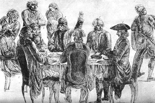 At Café Procope: at rear, from left to right: Condorcet, La Harpe, Voltaire (with his arm raised) and Diderot