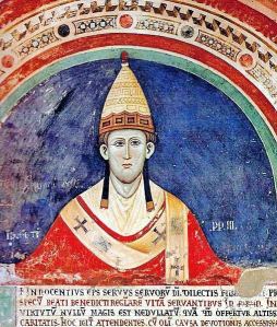 Pope Innocent III depicted wearing the pallium in a fresco at the Sacro Speco Cloister